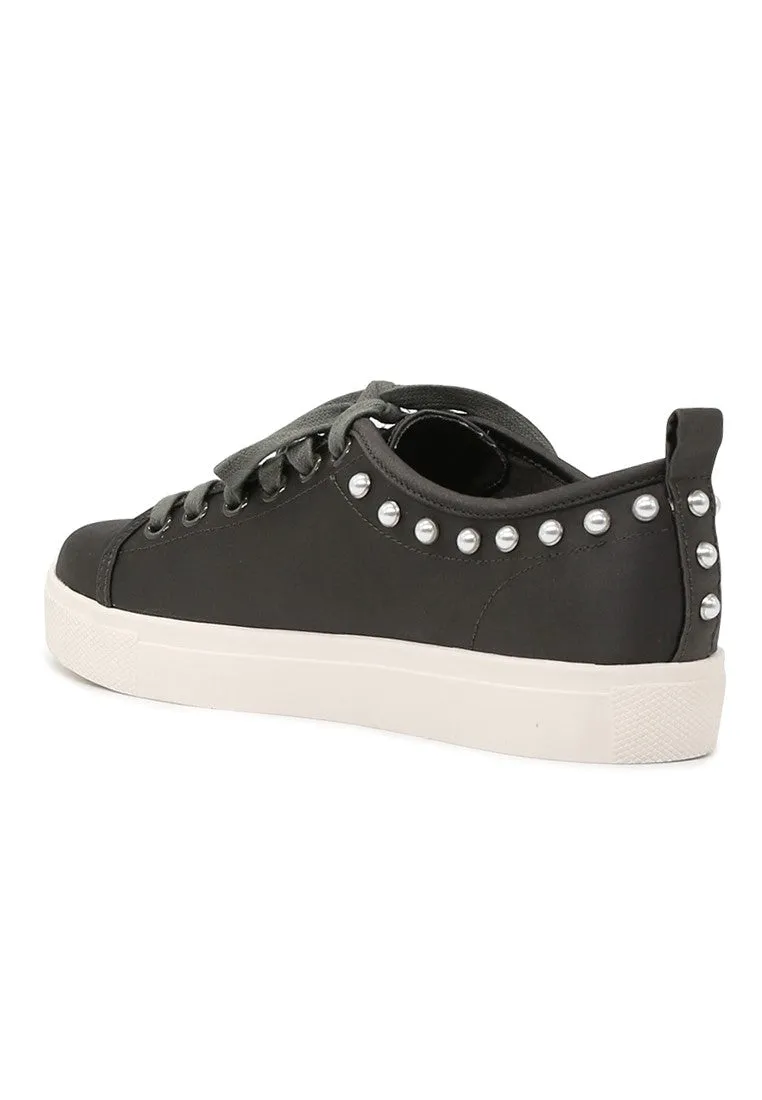 Shawna Grey Metallic Pearl Lace Up Sneakers