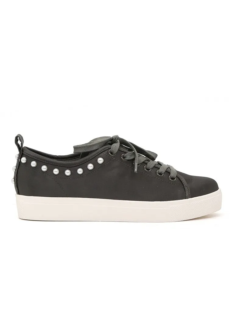 Shawna Grey Metallic Pearl Lace Up Sneakers