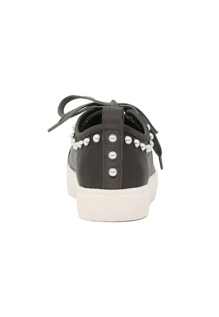 Shawna Grey Metallic Pearl Lace Up Sneakers