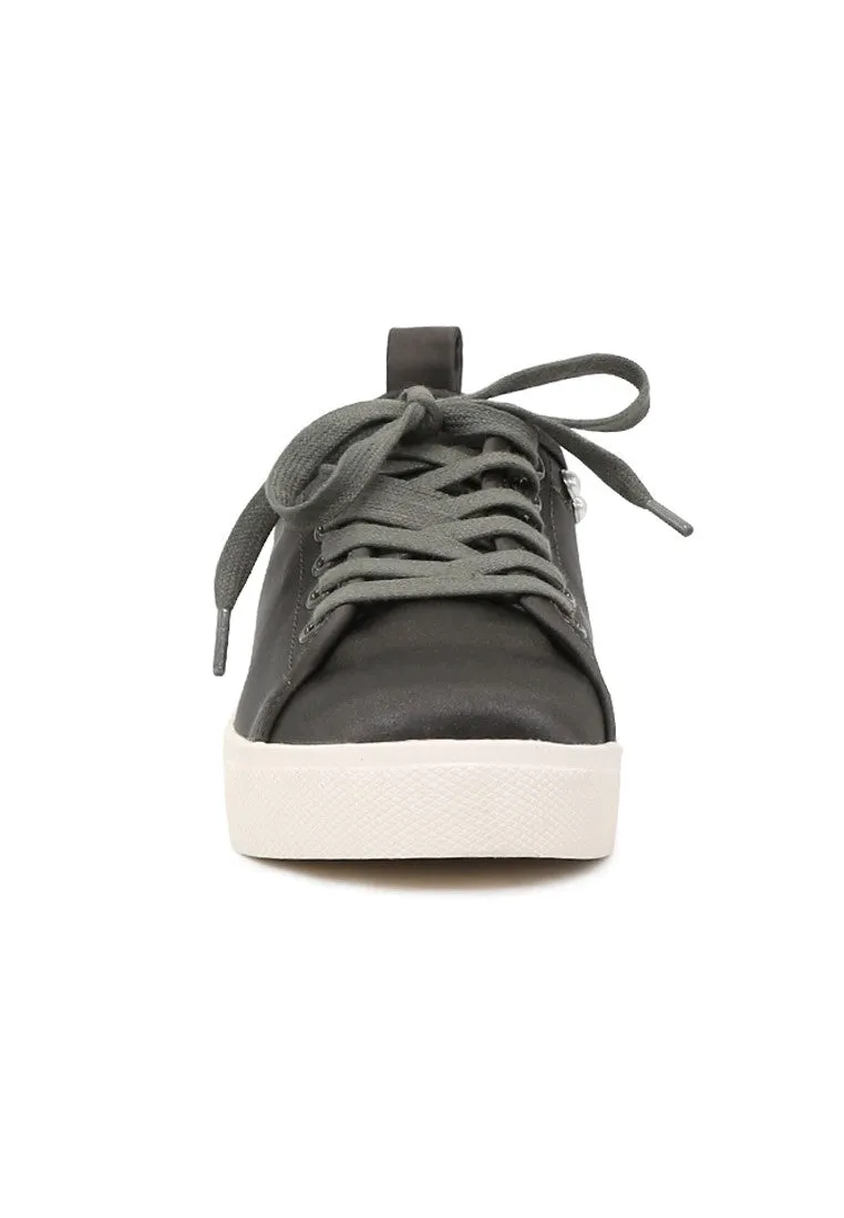 Shawna Grey Metallic Pearl Lace Up Sneakers