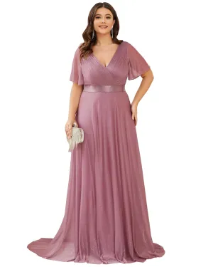 Short Sleeve V-Neck Ribbon Waist A-Line Evening Dress | Purple Orchid
