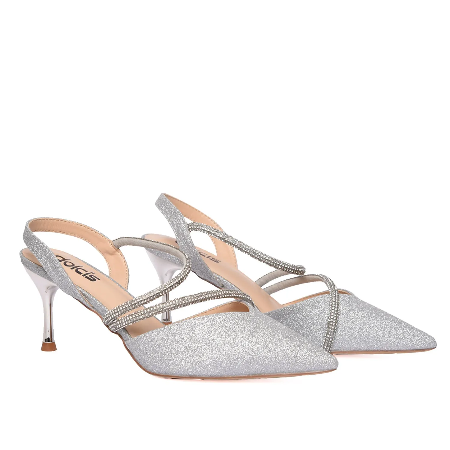 Silver Glitter Pointed-Toe Slingback Heels | 483L-S