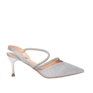 Silver Glitter Pointed-Toe Slingback Heels | 483L-S