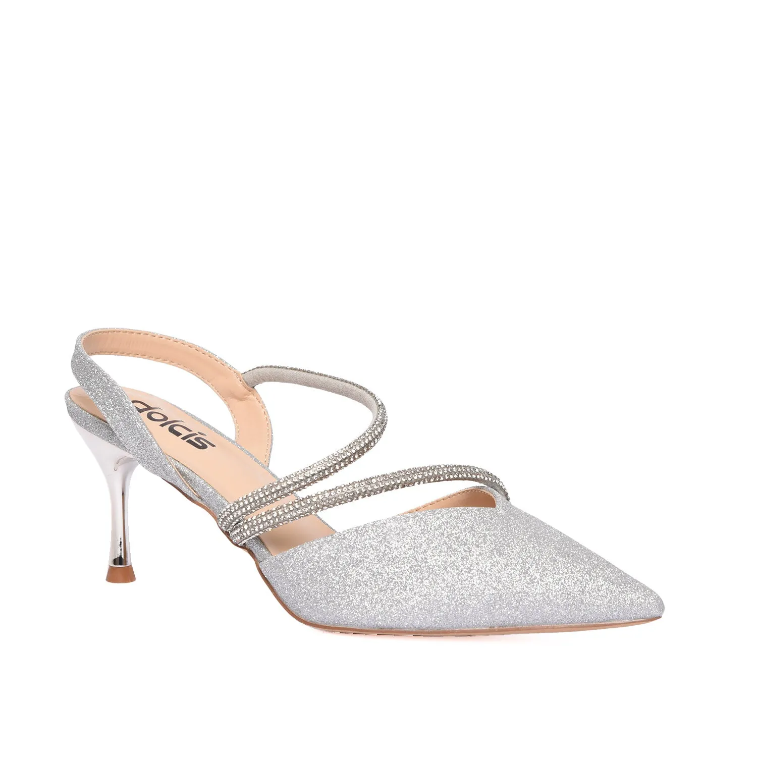 Silver Glitter Pointed-Toe Slingback Heels | 483L-S