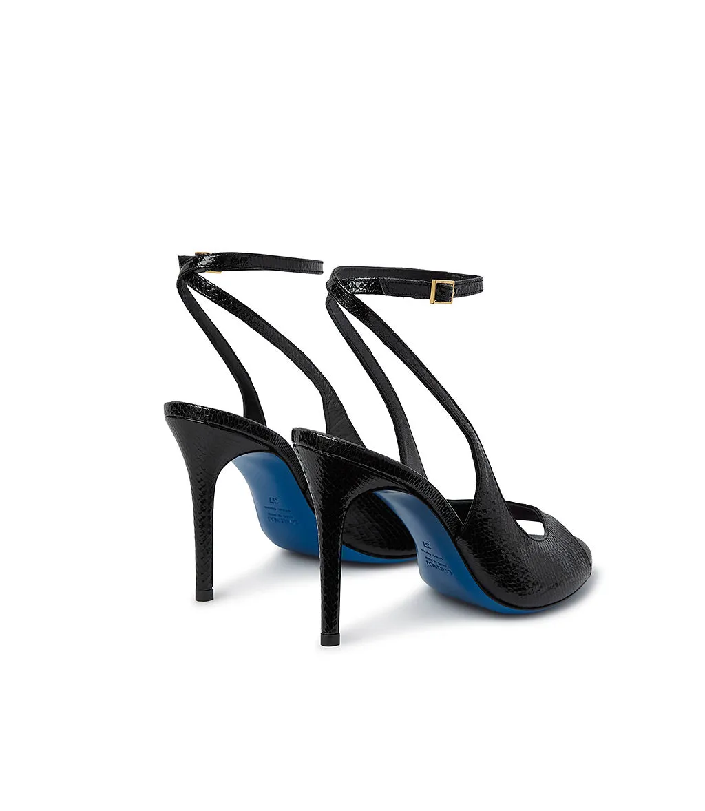 Snake print glossy black leather sandal