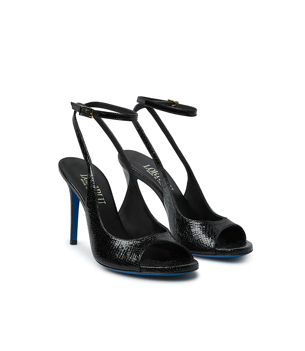 Snake print glossy black leather sandal