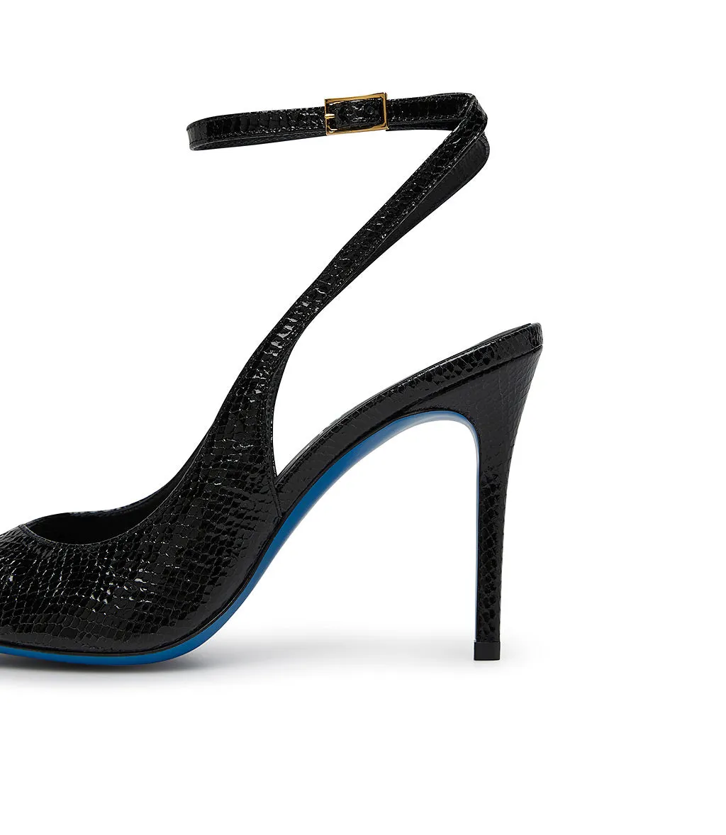 Snake print glossy black leather sandal