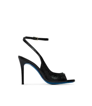 Snake print glossy black leather sandal