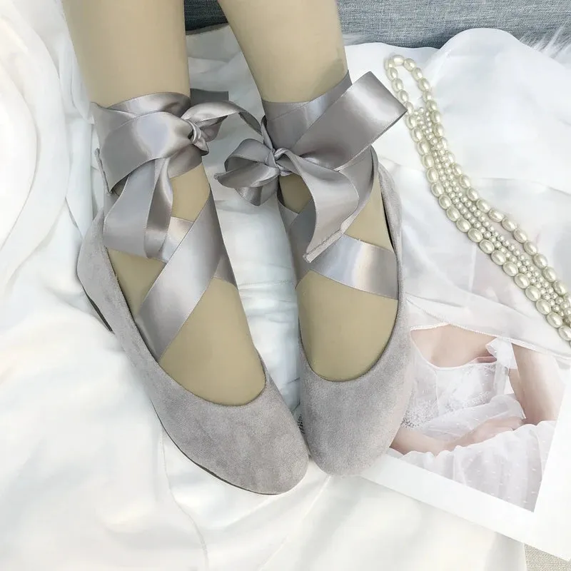 Sohiwoo 2024 NEW Ankle Strap Gra Flock Cross-tied Ballet Shoes Lace Up Women Round Toe Women Flats Elegant Valentine Shoes