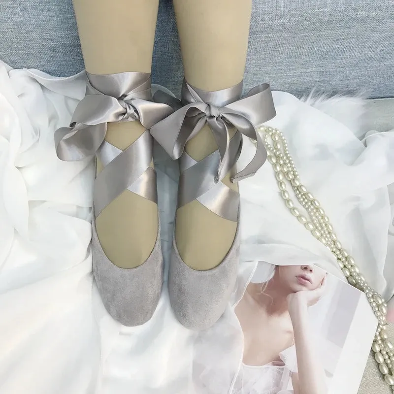 Sohiwoo 2024 NEW Ankle Strap Gra Flock Cross-tied Ballet Shoes Lace Up Women Round Toe Women Flats Elegant Valentine Shoes