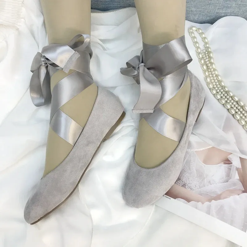 Sohiwoo 2024 NEW Ankle Strap Gra Flock Cross-tied Ballet Shoes Lace Up Women Round Toe Women Flats Elegant Valentine Shoes