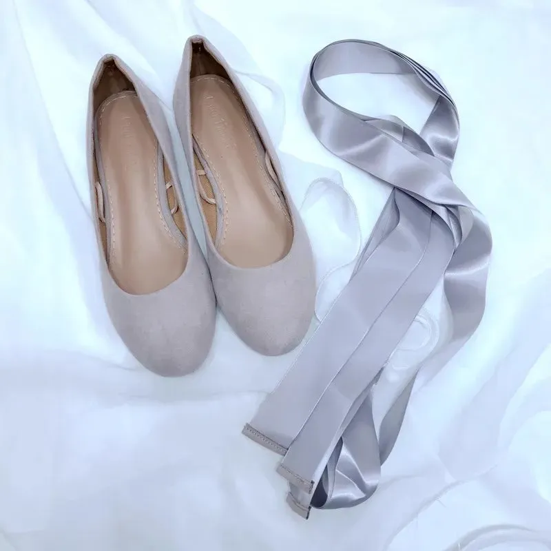 Sohiwoo 2024 NEW Ankle Strap Gra Flock Cross-tied Ballet Shoes Lace Up Women Round Toe Women Flats Elegant Valentine Shoes
