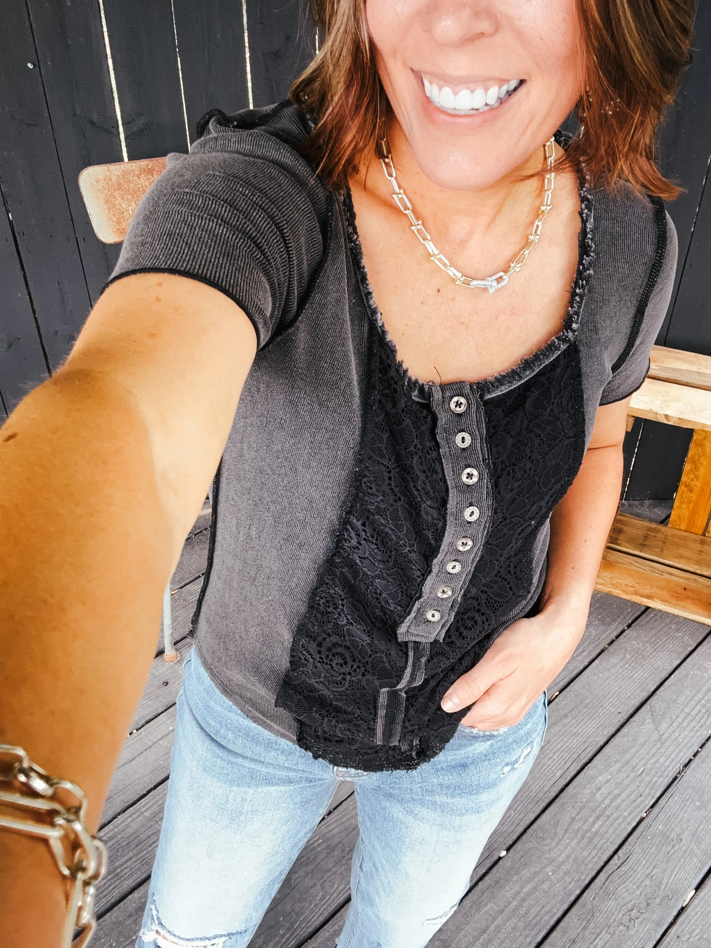 Square Neckline Lace Inset Tee