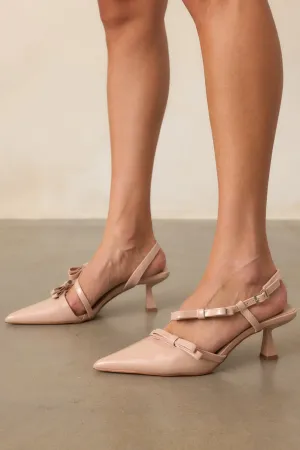 Take A Walk Beige Bow Slingback Kitten Heels