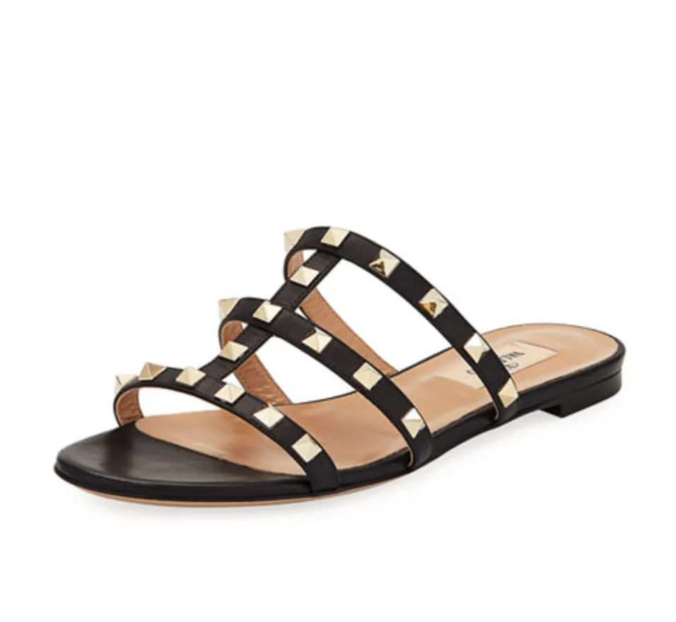 VALENTINO GARAVANI - Rockstud Caged Slides Black Sandal Flats - 8